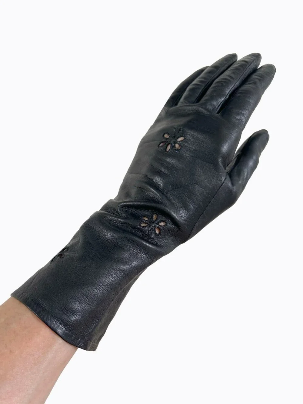 Vtg Black Kidskin Leather Evening Gloves XS Embroidered Eyelet Cutout Whimsigoth